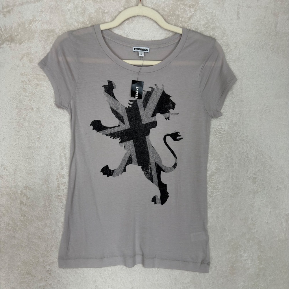 Vintage Express Y2K NWT XS Gray Union Jack Lion Graphic Tee Supima Cotton Modal